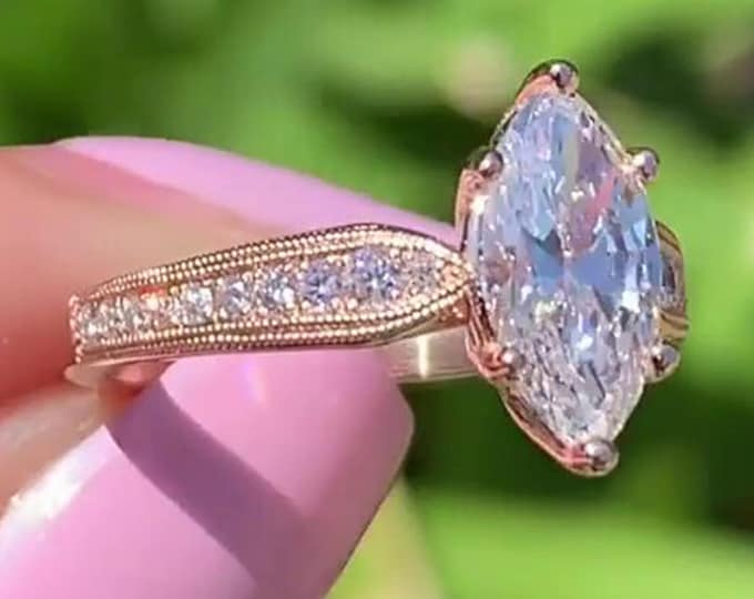 Vintage Marquise Cut Moissanite Engagement Ring Cathedral Set 14K Rose Gold Wedding Ring Vintage Ring Gift For Love rings