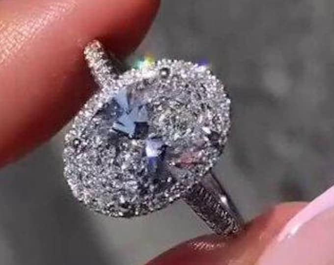 3ct Oval Moissanite Engagement Ring Set Solitaire Oval Halo Wedding Ring Set 14K Solid Gold Ring Bridal Ring Set Anniversary Gift