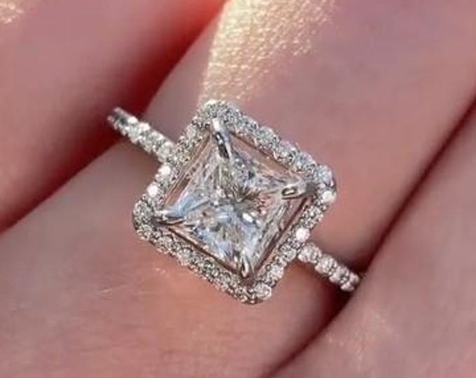 3CT Princess Cut Moissanite Engagement Ring Princess Halo Wedding Ring Pave Band 14k Gold Ring For Her Anniversary Gift For Women