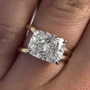 East West Moissanite Ring Elongated Cushion Cut Solitaire Ring Split Shank Modern Engagement Ring Bridal Ring Promise Ring Anniversary Gifts