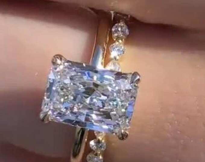 Radiant Cut Moissanite Engagement Ring Set 14K Gold Bridal Ring Set Matching Bubble Wedding Band Solitaire Ring Set Anniversary Gift for Her