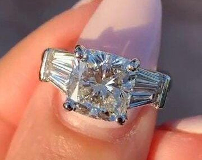 Three Stone Cushion Cut Moissanite Engagement Ring Accent Tapered Baguette Cut Ring 14K White Gold Promise Ring Anniversary Rings For Women