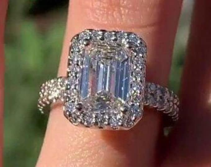 Emerald Cut Moissanite Engagement Ring 14K Yellow Gold Anniversary Ring Halo Wedding Ring Promise Ring For Woman Gift For Her Christmas Gift