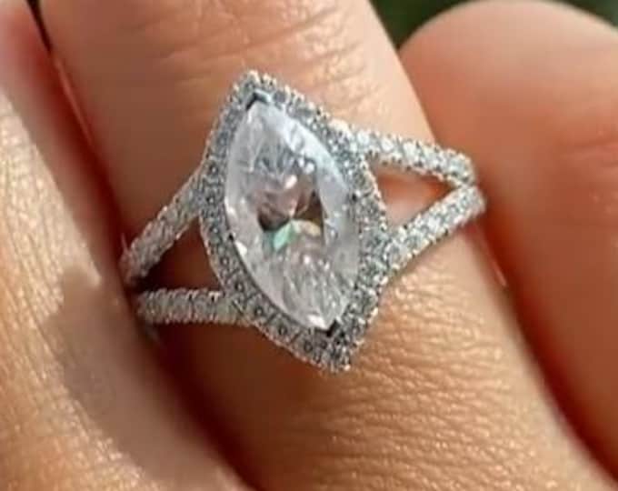 2CT Marquise Cut Moissanite Engagement Ring Split Shank Ring Marquise Halo Ring 14K Gold Ring Unique Promise Wedding Ring Diamond Ring