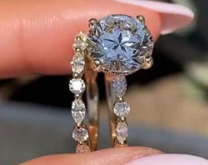 3ct Moissanite Engagement Ring Set Four Prongs Round Cut Bridal Set Diamond Solitaire Moissanite  Ring 14K Solid Gold Round Wedding Ring Set