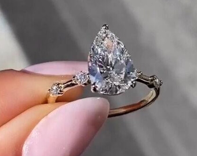 3CT Pear Cut Moissanite Engagement Ring Unique Distance Pave Set Wedding Ring 14K White Gold Ring Anniversary Gift Diamond Ring