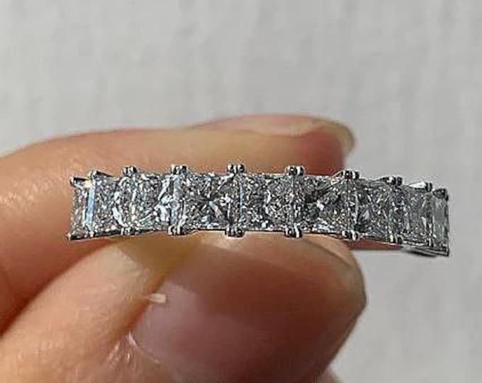 Princess Cut Moissanite Wedding Band, Half Eternity Stackable Rings Women, 925 Silver Promise Ring For Her, Anniversary Band, Matching Band