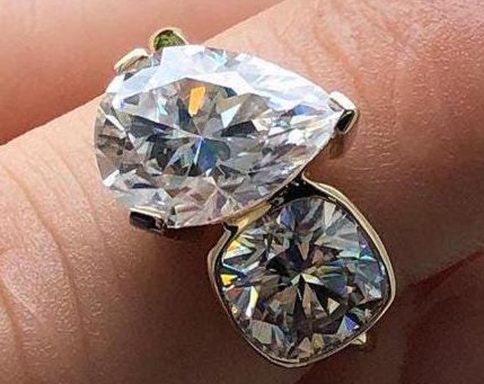 Toi Et Moi Ring Pear And Cushion Cut Moissanite Engagement Ring Two Stone Bezel Set Ring Anniversary Ring Cocktail Ring You And Me Ring