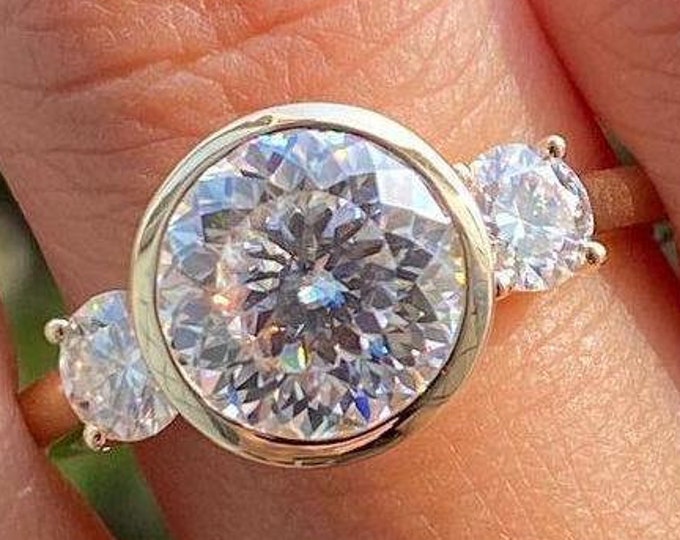 Bezel Set Portuguese Cut Moissanite Engagement Ring Three Stone Wedding Ring Antique Cut Diamond Ring Anniversary Gift Ring