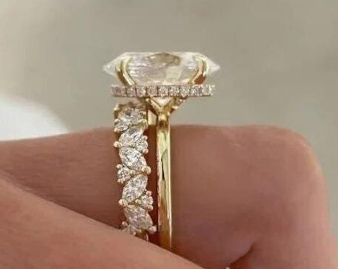 3ct Oval Moissanite Engagement Ring Set - Oval Cut Solitaire 14K Gold Bridal Ring Set with Half Eternity Marquise Band
