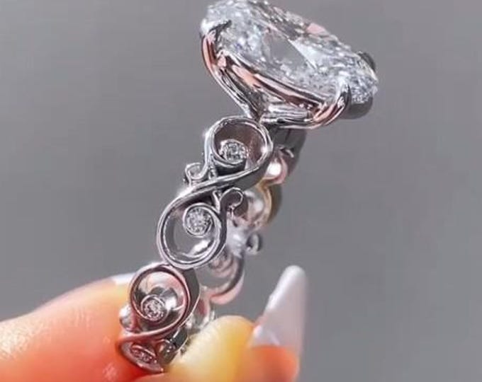 Art Deco Oval Moissanite Engagement Ring Vintage Style Geometric Band White Gold or Platinum Unique Antique Inspired Ring Anniversary Gift