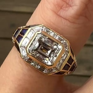 East West Emerald Cut Moissanite Diamond Engagement Ring 14K Yellow Gold Bezel Set Halo Wedding Ring Anniversary Gift For Men
