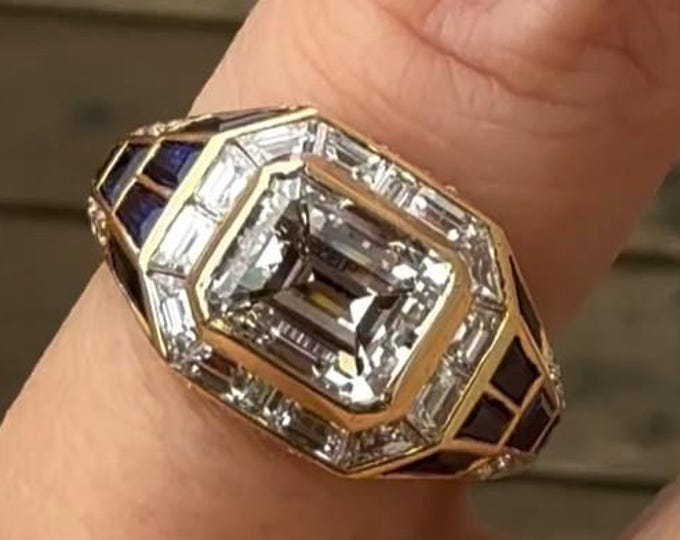 East West Emerald Cut Moissanite Diamond Engagement Ring 14K Yellow Gold Bezel Set Halo Wedding Ring Anniversary Gift For Men