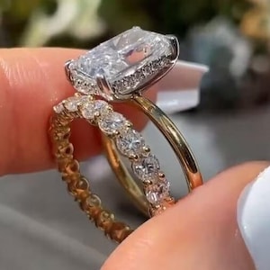 Radiant Cut Moissanite Engagement Diamond Ring Set Round Full Eternity Wedding Band 14K Gold Anniversary Ring Set Hidden Halo Solitaire Ring