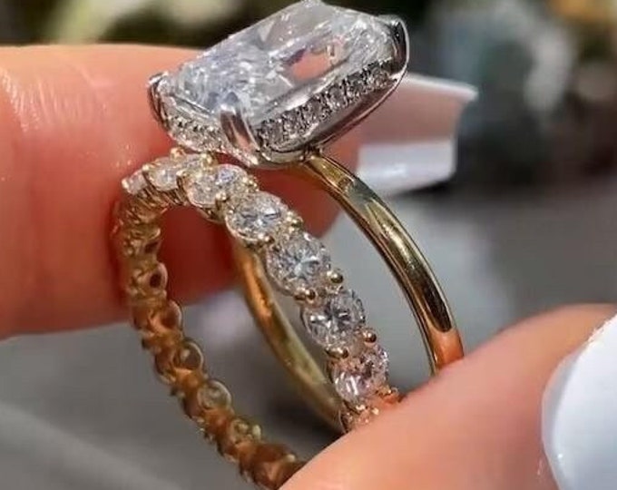 Radiant Cut Moissanite Engagement Diamond Ring Set Round Full Eternity Wedding Band 14K Gold Anniversary Ring Set Hidden Halo Solitaire Ring