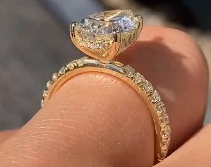 Pear Shaped Moissanite Engagement Ring Pear Cut Hidden Halo Ring Tear Drop 14K Solid Yellow Gold Pave Setting Ring Anniversary Gift