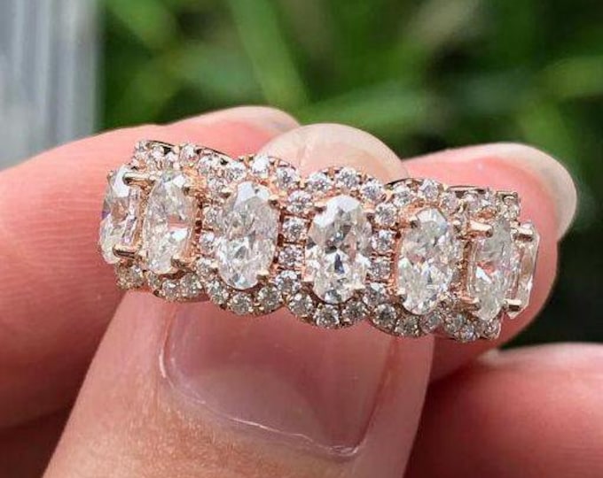 Oval Cut Moissanite band 14K White Gold Wedding Band Seven Stone Half Eternity Halo Style Wedding Band Bridesmaid Cluster engagement Ring