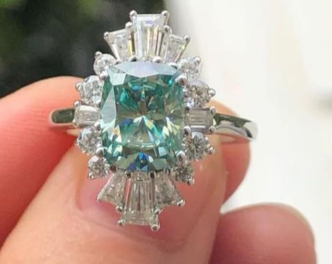 Green Cushion Cut Moissanite Engagement Ring Cushion Boho Ring 14K Gold Unique Halo Wedding Ring Anniversary Gift For Women Promise Ring