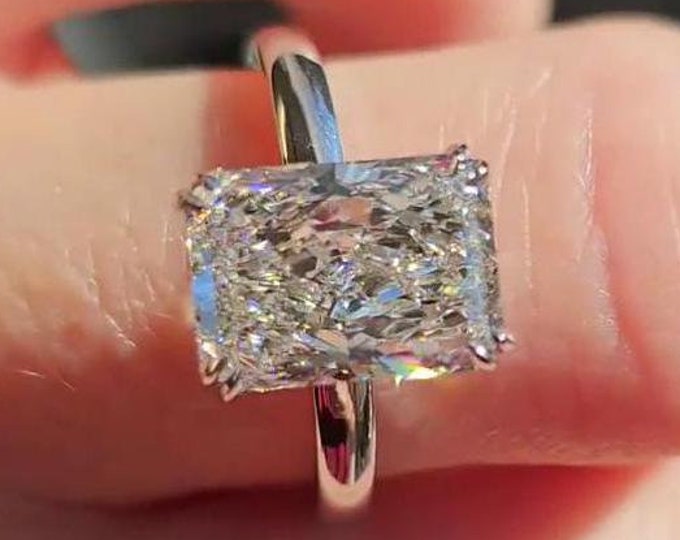 3 CT Radiant Cut Moissanite Engagement Ring 14K White Gold Solitaire Wedding Ring Midcentury Modern Ring Double Clow Prong Set Ring