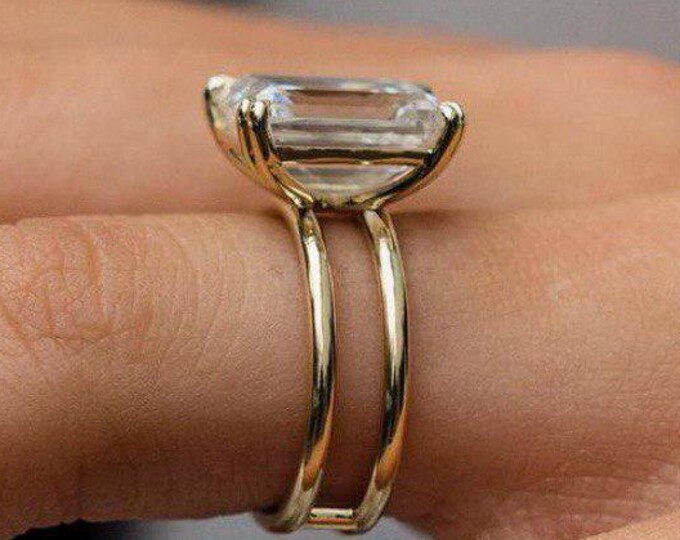 3ct Emerald Cut Moissanite Engagement Ring Set 14kt Solid Gold Ring Set Emerald Ring Set Wedding Anniversary Gift For Women Promise Ring