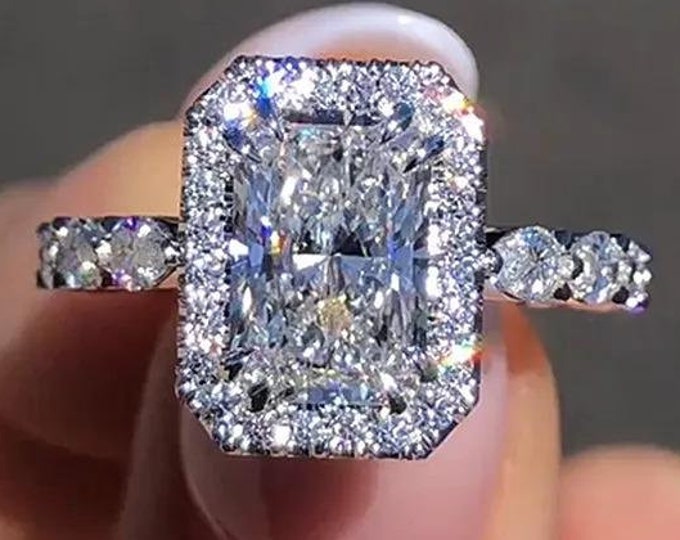 3ct Radiant Cut Moissanite Engagement Ring Radiant Cut Halo 14K Solid White Gold Diamond Ring Wedding Anniversary Gift For Her
