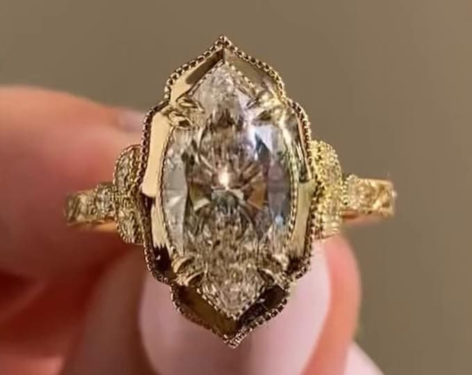 Bezel Set 3 CT Marquise Cut Engagement Ring Vintage Marquise Cut Moissanite Ring 14K Gold Nature Inspired Ring Wedding Ring Anniversary Ring