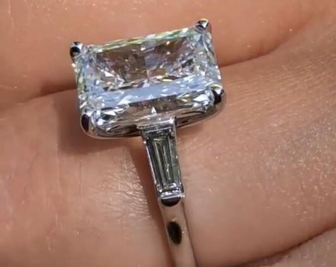 Three Stone Radiant Cut Moissanite Ring Past Present Future Engagement Ring Solid Gold Bridal Ring Promise Ring Anniversary Gift for Her