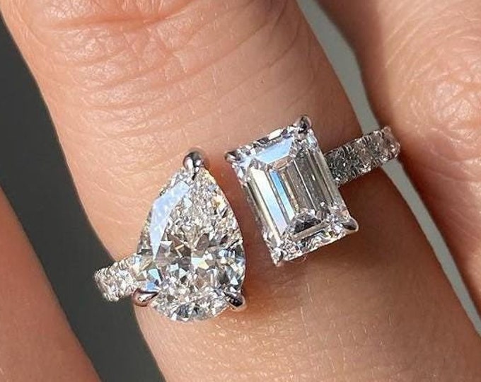 Toi Et Moi Engagement Ring Pear And Emerald Cut Moissanite Ring Two Stone Ring Anniversary Ring Cocktail Ring You And Me Ring