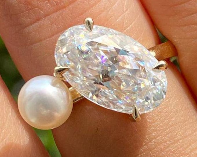 Toi Et Moi Ring Oval And Pearl Engagement Ring Oval Cut Moissanite Ring Oval Cut You And Me Ring Unique Cocktail Ring Anniversary Gift