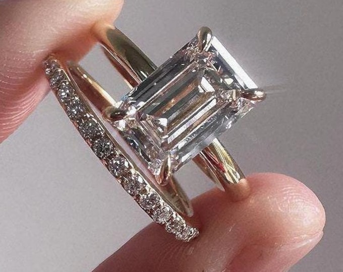 2ct Emerald Cut Moissanite Bridal Ring Set 14kt Solid Gold Ring Set Emerald Engagement Ring Set Eternity Wedding Anniversary Gift For Women