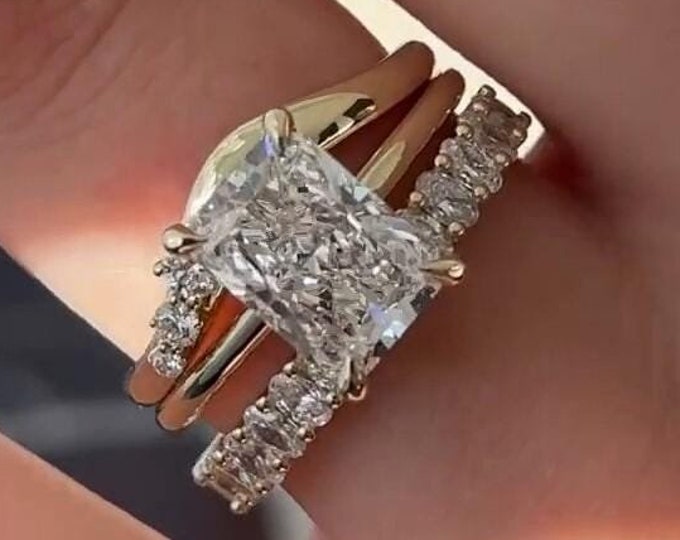Three Ring Set 3CT Radiant Cut Moissanite Bridal Ring Set Radiant Cut Engagement Ring Set Double Classic Band 14K Gold Ring Anniversary Gift