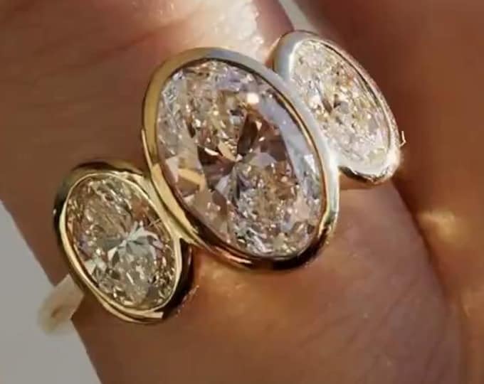 Three Stone Oval Moissanite Engagement Ring 14K Gold Wedding Ring Oval Bezel Set Ring