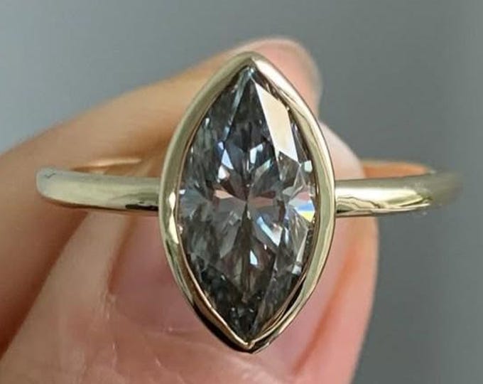 Gray Marquise Cut Moissanite Ring Bezel Set Engagement Ring 14K Solid Gold Ring Wedding Anniversary Gift Ring for Her