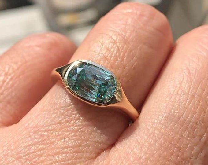 Cyan Blue Criss Cut Moissanite Ring Cushion Cut Engagement Ring Solitaire Signet Ring Midcentury Modern Ring Criss Cut Cushion Wedding Ring