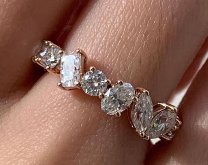 Mixed Cut Moissanite Eternity Band Gold Wedding Ring Unique Anniversary Ring Oval Round Radiant And Marquise Cut Bridal Full Eternity Band
