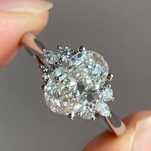 3CT Oval Moissanite Engagement Ring: Vintage Cluster Diamond, 14k White Gold