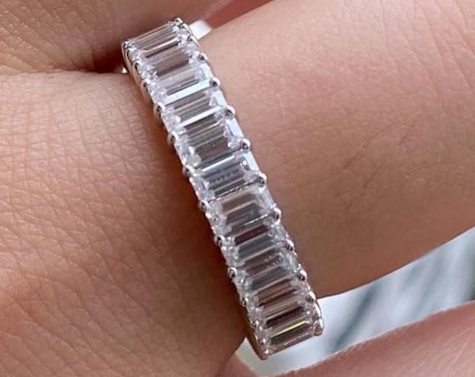 Eternity Wedding Band Emerald Cut Moissanite Engagement Ring 14K Gold Ring Anniversary Gift For Her Promise Ring For Woman Anniversary Ring