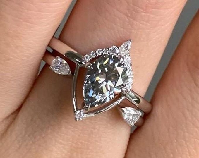 2CT Pear Cut Gray Moissanite Engagement Ring Set 14K White Gold Cluster Wedding Band Unique Diamond Ring Set Gift for Her