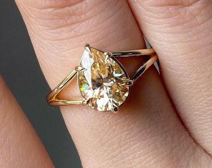 Split Shank Yellow Pear Engagement Moissanite Ring In 14K/18K Solid Gold Pear Cut Engagement Ring Pear Cut Colored Moissanite Ring