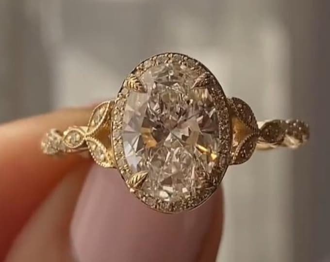 Vintage 2.5 CT Oval Cut Engagement Ring Oval Halo Set Moissanite Ring 14K Gold Nature Inspired Wedding Ring Anniversary Ring Art Deco Ring