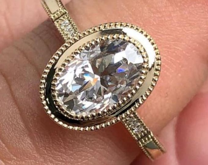 Vintage Oval Moissanite Engagement Ring 14K Yellow Gold Bezel Set Ring Milgrain Solitaire Ring Antique Style Wedding Ring Gift for Women