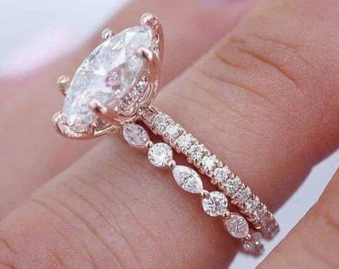 1.5 CT Marquise Cut Moissanite Bridal Ring Set Engagement Ring Set Wedding Gift Ring Set Solid 14K Rose Gold Ring Gift Proposal Ring For Her