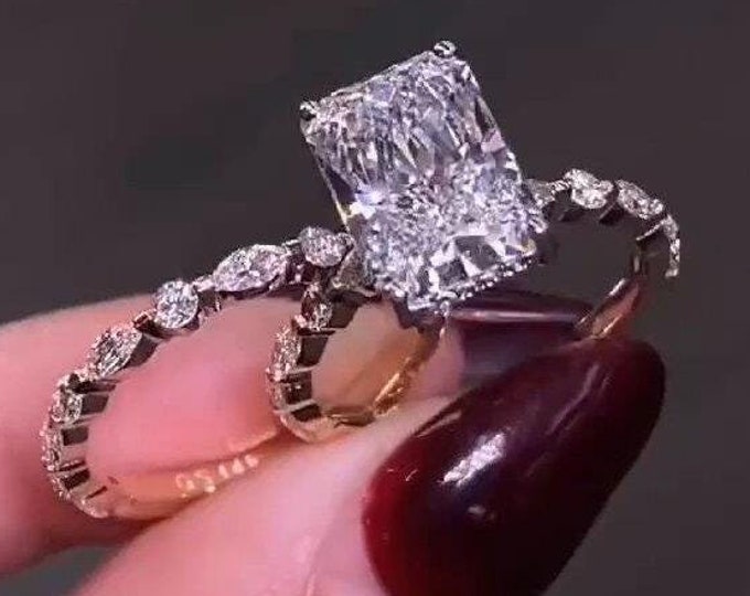 Radiant Cut Moissanite Bridal Ring Set 14K Gold Engagement Ring Marquise And Round Cut Moissanite Eternity Band Anniversary Gift For Women