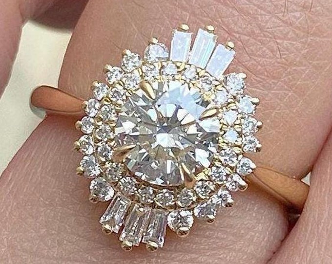 Starburst Round Cut Engagement Ring Colorless Moissanite Diamond Ring Vintage Double Halo Ring Anniversary Gift For Her Personalized Gift