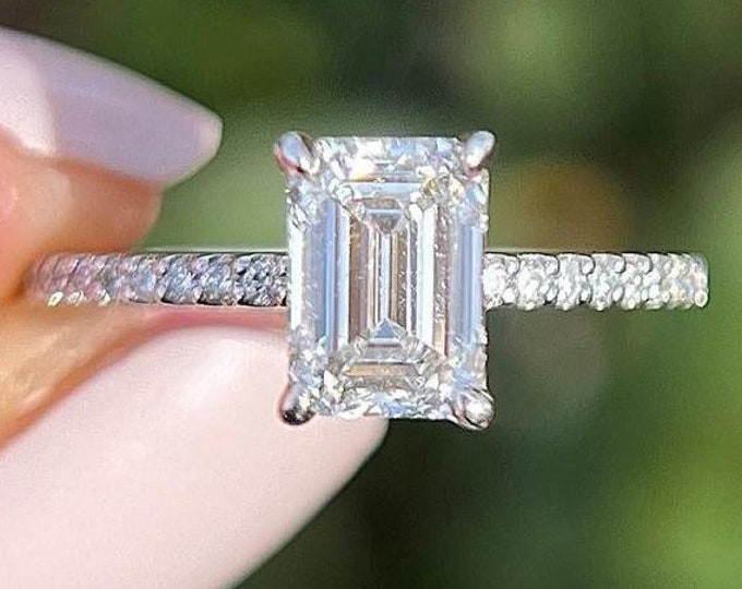 1CT Classic Emerald Cut Moissanite Engagement Ring Solitaire Hidden Halo Ring Claw Prongs Ring Anniversary Gift Ring Bridal Wedding Ring