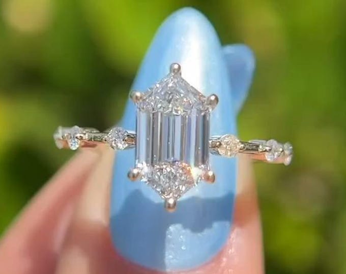 2CT Hexagon Cut Moissanite Engagement Ring 14k Gold Distance Pave Ring Wedding Ring Six Prong Ring Anniversary Ring For Her Promise Ring