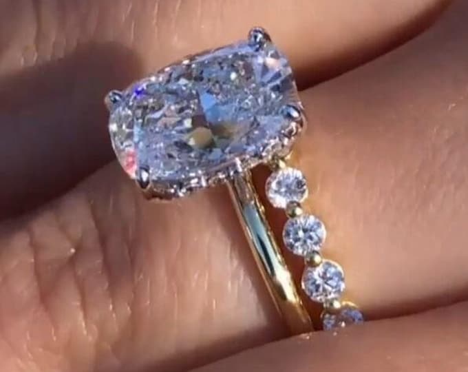 3.5CT Elongated Cushion Cut Moissanite Engagement Ring Set 14K Solid Gold Anniversary Ring Set For Matching Band Wedding Ring Set For Bridal
