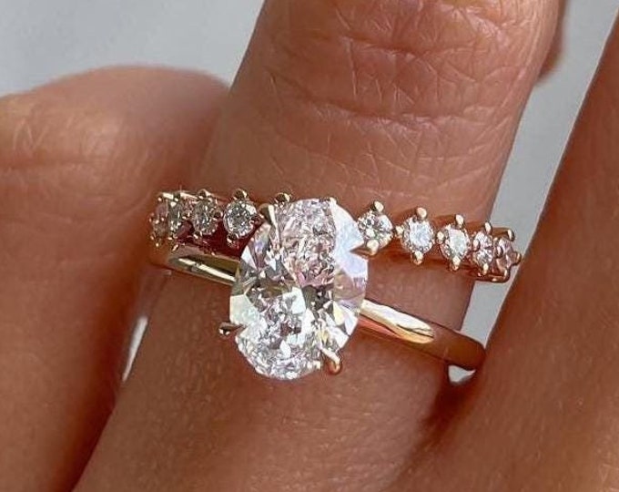 2CT Oval Moissanite Engagement Ring Set Solitaire Oval Cut Diamond Wedding Ring Set 14K Solid Gold Ring Bridal Ring Set Anniversary Gift