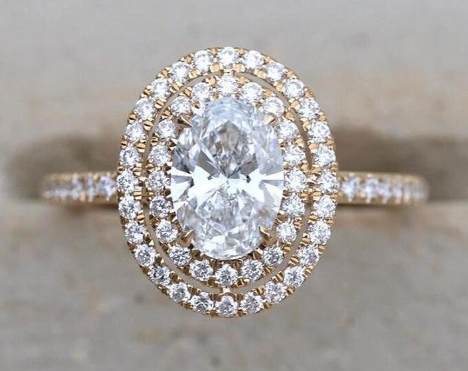 2CT Double Halo Oval Moissanite Engagement Ring Half Eternity Band Promise Ring 18K Gold Oval Cut Wedding Ring Proposal Ring for Girl