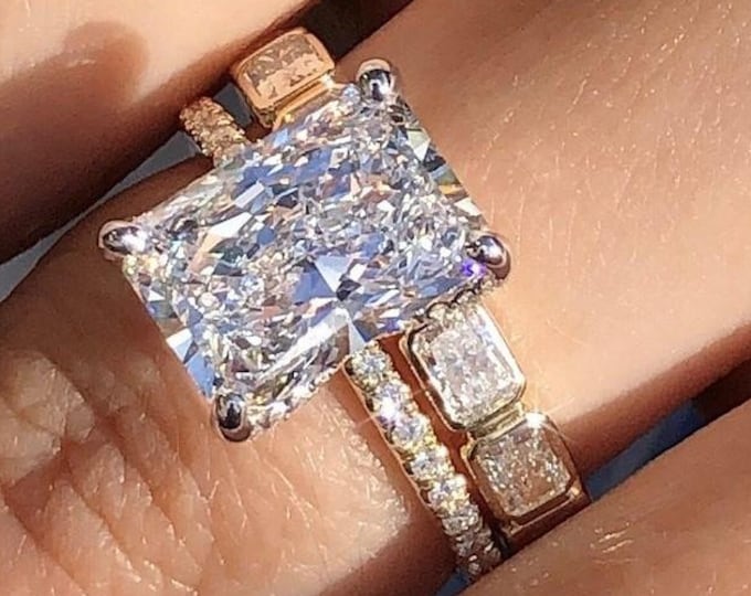4ct Radiant Cut Moissanite Diamond Bridal Ring Set Radiant Engagement Ring Set Radiant Cut Eternity Wedding Band Anniversary Gift For Women
